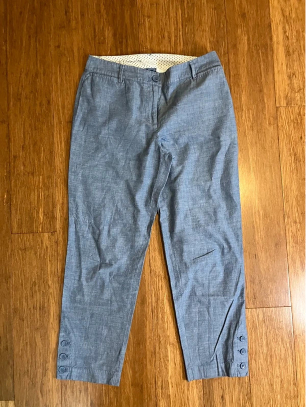 Talbots Womens 2 Perfect Crop Chambray Pants Button Hem Vent Light Blue Cotton